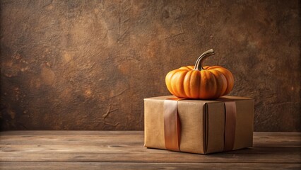 Autumnal Gift Presentation A Small Pumpkin Rests Atop a Brown Gift Box with a Bronze Ribbon on a Rustic Wooden Surface Against a Deep Brown Background