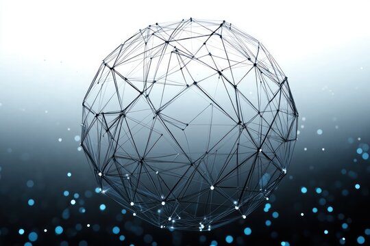 Abstract digital globe composed of interconnected lines and nodes floating against a dark gradient background with glowing blue light dots