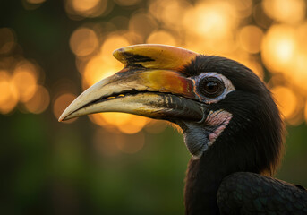 Close up shot of beautiful hornbill in Borneo tropical rain forest at dawn or dusk, Malaysia