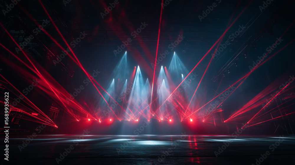 Aufkleber a stage illuminated with red laser beams and white spotlights creating a dynamic display