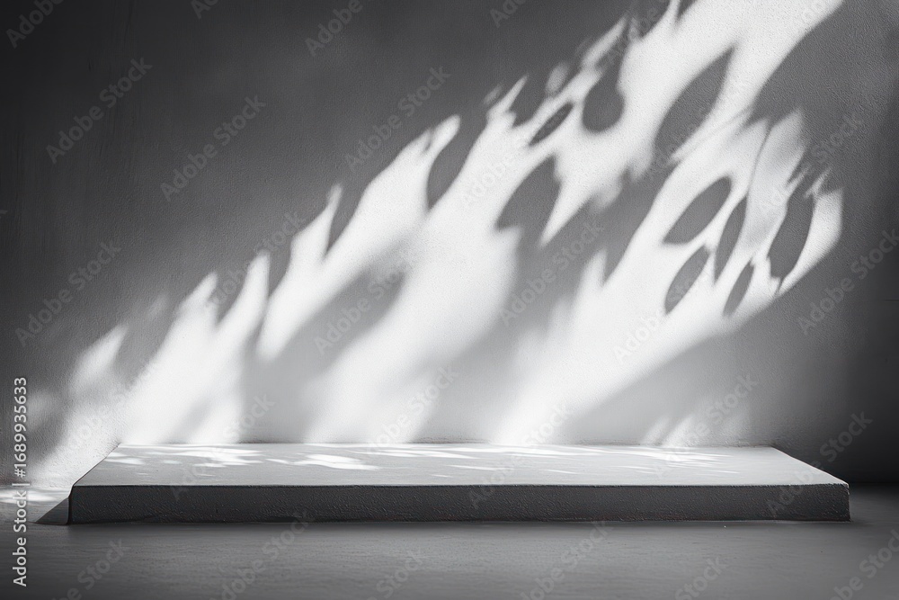 Poster empty rectangular gray platform casting soft shadows of leaves on a plain wall in monochrome minimal