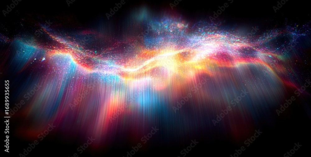 Poster vibrant streaks and particles of multicolored light creating an ethereal and dynamic wave-like patte