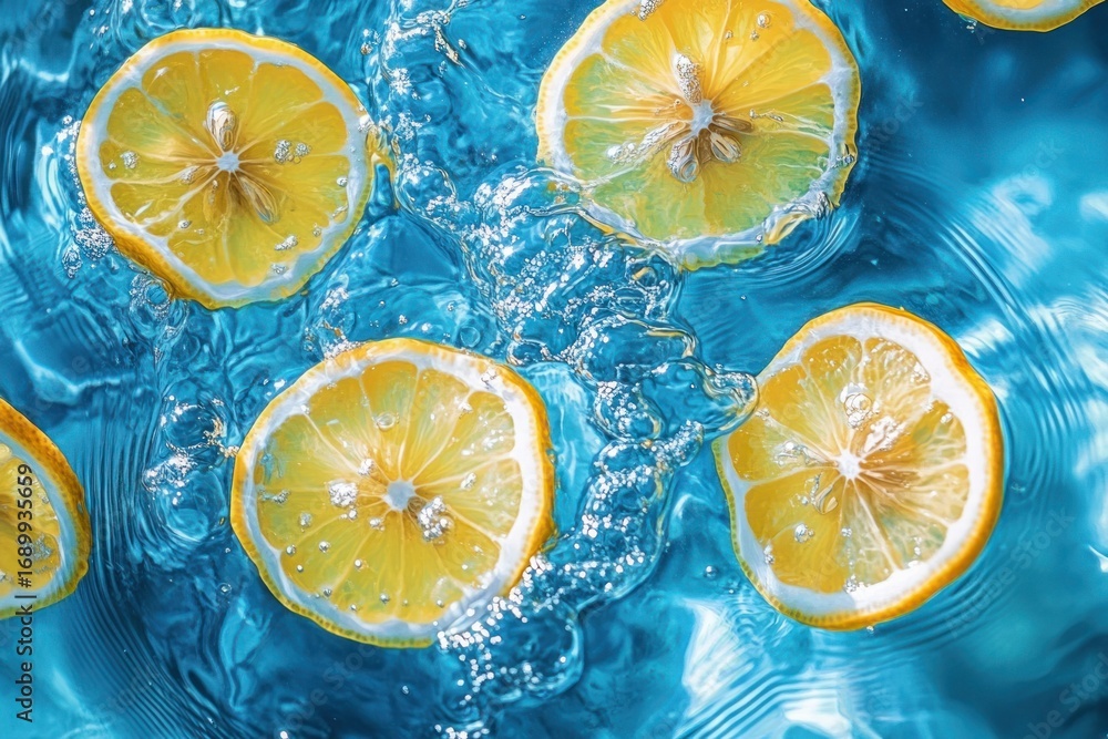 Poster fresh lemon slices floating and splashing in clear vibrant blue water, creating refreshing and livel