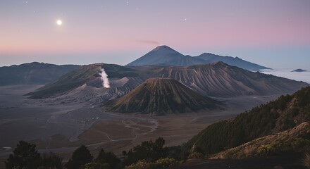 Scenic view of Mount Bromo at dusk, with volcanic peaks, smoke rising, and a soft, pastel-colored sky.