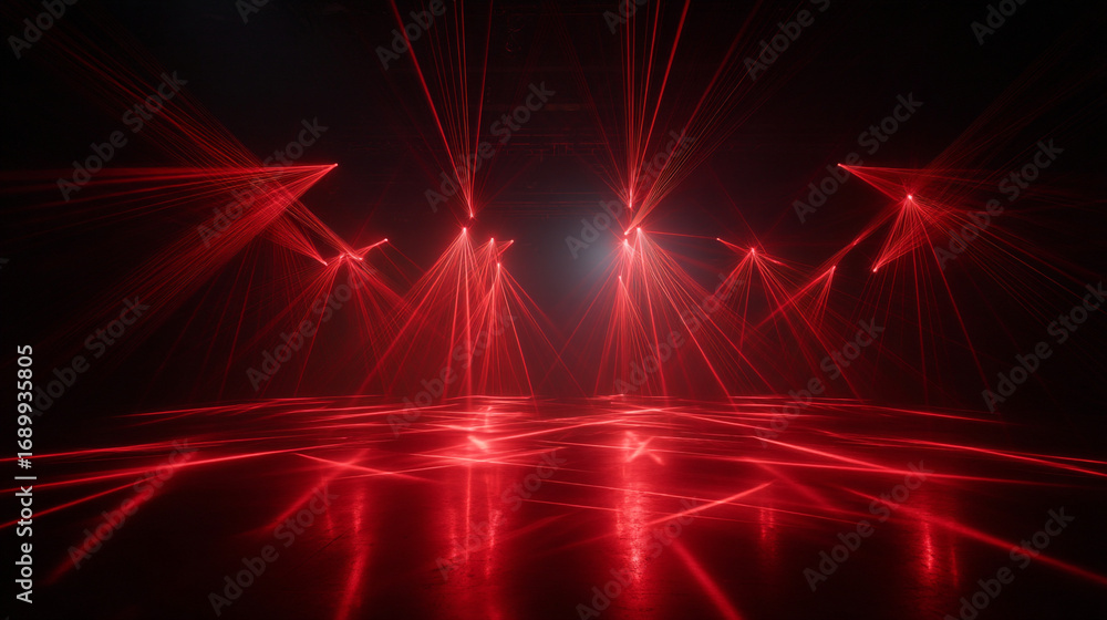 Poster red laser beams illuminating a dark space with reflections on the floor creating a futuristic look