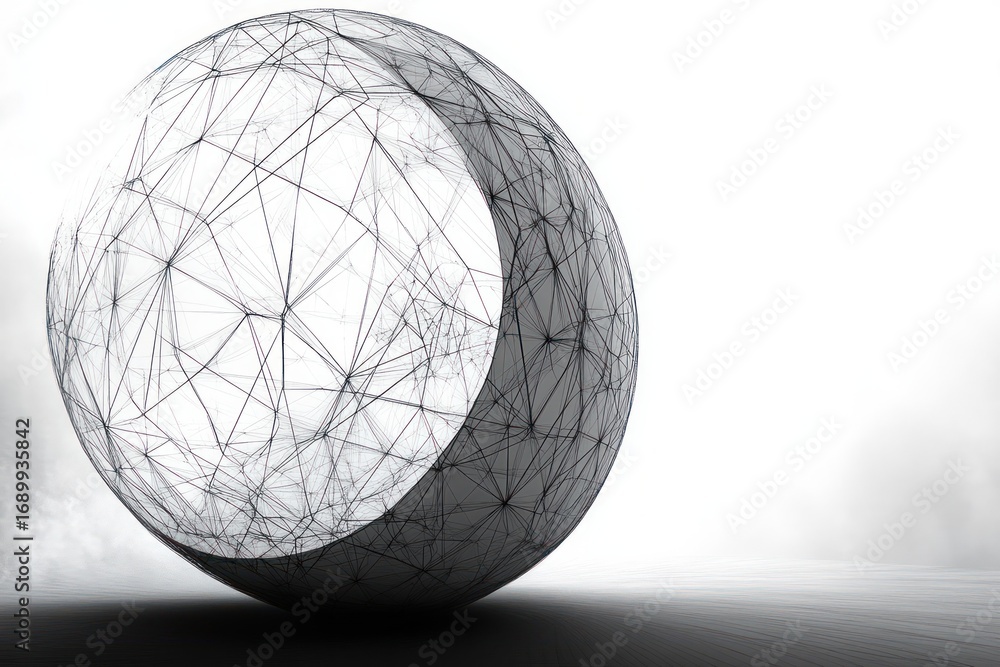 Poster a large translucent sphere with intricate black connecting lines and nodes sits on a smooth surface,