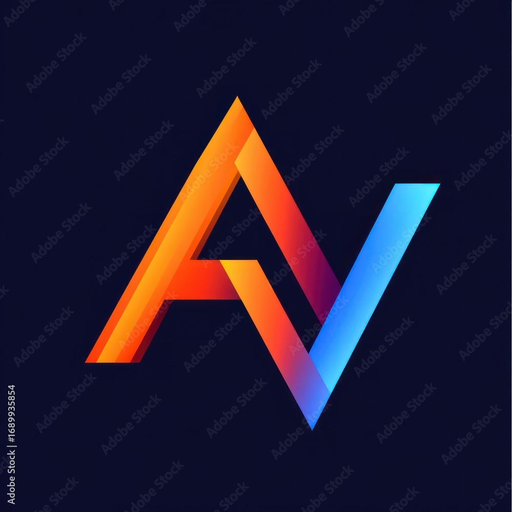Poster three-dimensional intertwined geometric design with gradient colors blending from orange to blue on 