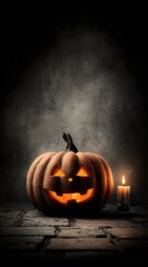 Glowing jack-o'-lantern with a grinning face sits beside a lit candle on a weathered stone surface against a dark, smoky background