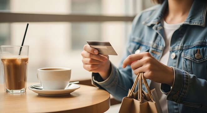 Woman Paying with Credit Card at Cafe.