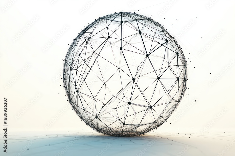 Poster abstract spherical structure composed of interconnected black nodes and thin lines floating above a 