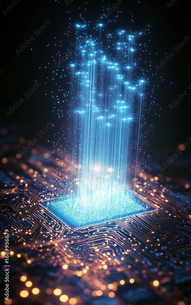 Poster glowing blue light beams rising from a microchip on a circuit board creating a futuristic and high-t