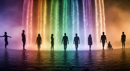 Diverse silhouettes embracing vibrant waterfall's rainbow spray, symbolizing unity, hope, and inclusion in a breathtaking natural spectacle.