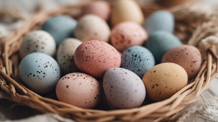 Pastel colored Easter eggs in rustic wicker nest