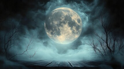 Large glowing full moon illuminating a foggy night sky with bare tree branches on either side and a mysterious wooden platform in the foreground