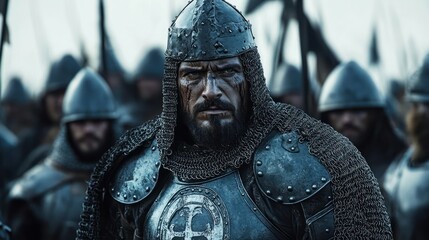 intense medieval warrior in battle-worn armor with chainmail helmet and plated chest armor amidst armed soldiers in the background