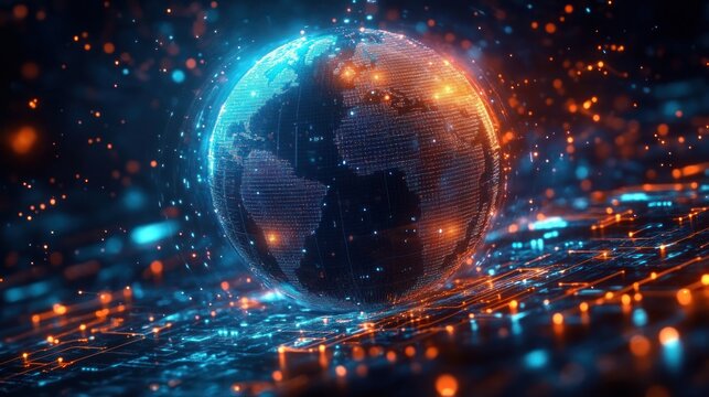 Digital globe with illuminated data points floating above a glowing circuit board in a futuristic technology environment