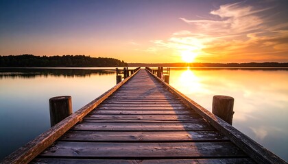 Obraz premium Peaceful sunset over a lake with a wooden pier