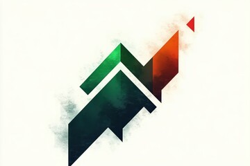 Abstract geometric shapes with sharp angles in green, black, and orange tones forming a dynamic upward pattern on a light background, evoking energy and progress