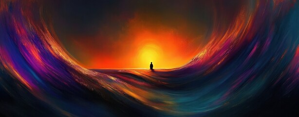 silhouette of a person sitting alone on a glowing horizon surrounded by swirling vibrant and colorful waves under a fiery orange and yellow sky