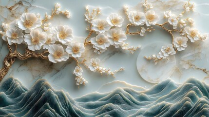 Elegant textured artwork featuring white blooming flowers on golden branches above stylized blue-green mountains with a marbled sun in the background, evoking tranquility
