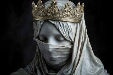 stone statue of a veiled woman wearing an ornate golden crown with closed eyes against a dark background evoking mystery and serenity