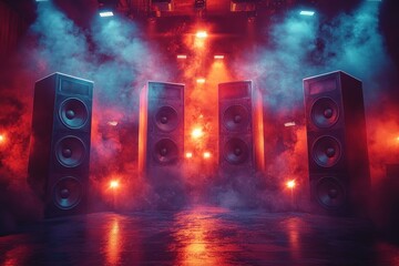 Four large black speaker towers standing on a reflective floor surrounded by colorful smoke and vibrant orange and blue stage lights creating an intense atmosphere