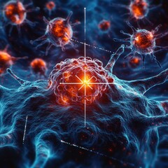 Close-up view of a targeted cancer cell with surrounding cells under microscopic digital visualization showcasing cellular interaction and focused treatment area
