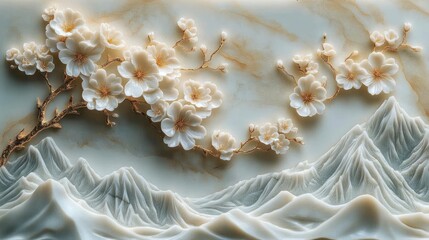 Elegant white and beige floral branch with blooming flowers above smooth mountainous landscape in soft neutral tones