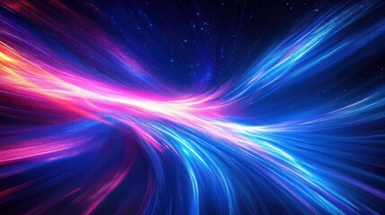 Dynamic colorful light trails in space with vibrant pink, purple, and blue streams creating a sense of motion and cosmic energy