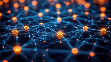 Abstract glowing orange nodes connected by blue illuminated lines representing a complex network or digital communication system emitting soft light in a dark background