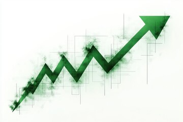 abstract green arrow graph showing upward trend with jagged peaks and geometric grid lines on white background