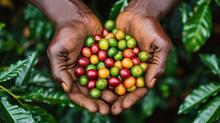 Close-up of dark-skinned hands holding colorful coffee cherries with green leaves in the background