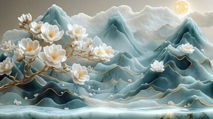 Surreal landscape featuring teal blue mountains with gold accents under a bright sun, with large white magnolia flowers blooming on golden branches in the foreground