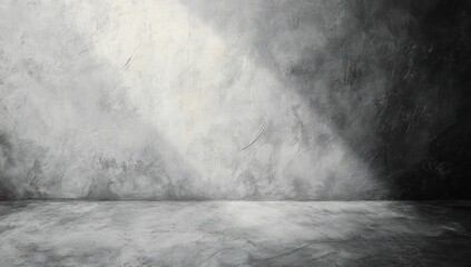 Empty room with textured gray concrete floor and wall softly illuminated by gentle light creating a calm and serene atmosphere