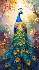 Obraz premium Peacock in vibrant autumnal garden