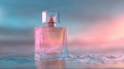 Rectangular glass bottle with pink/orange gradient liquid sits in water, soft, blurred background