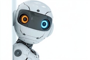 close-up of a futuristic small white robot with one blue eye and one orange eye looking curiously against a bright white background
