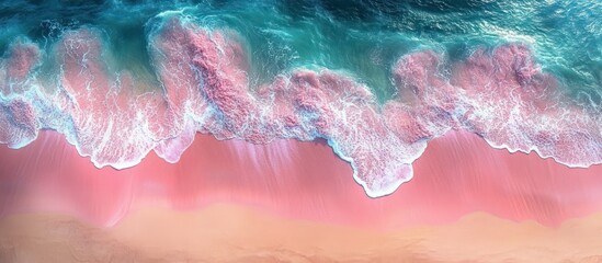 Aerial view of ocean waves gently crashing onto a vibrant pink sandy beach with turquoise blue water and white sea foam