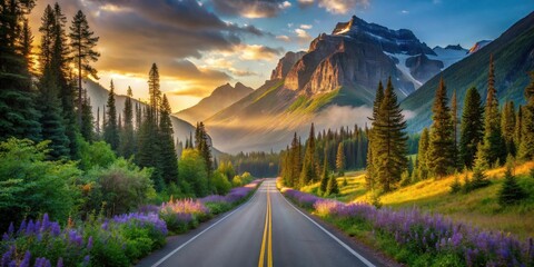 Asphalt road leading through a scenic mountain valley at sunrise, wildflowers blooming along the roadside, majestic peaks bathed in golden sunlight