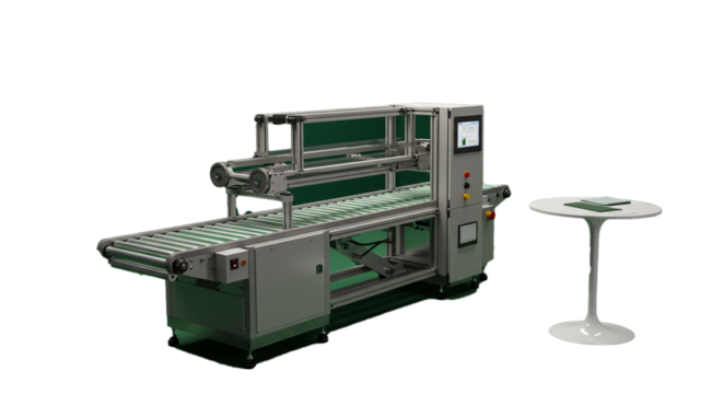 A modern industrial conveyor belt system with an automated control panel, showcased in a studio setting next to a small white table against a black background.