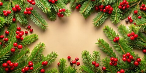 Festive Evergreen Branches and Bright Red Berries Create a Cheerful Holiday Frame