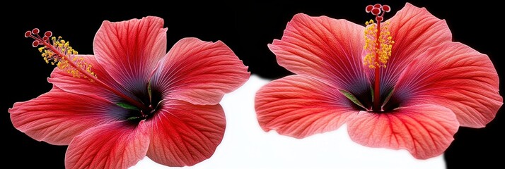 Two vibrant red hibiscus flowers with detailed petals and prominent yellow and red stamens on a contrasting black and white background