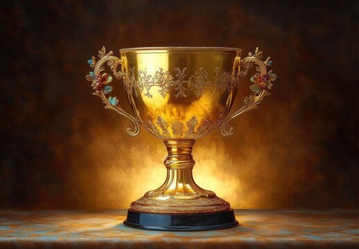 ornate golden trophy cup with floral handles displayed on a patterned surface with warm glowing background