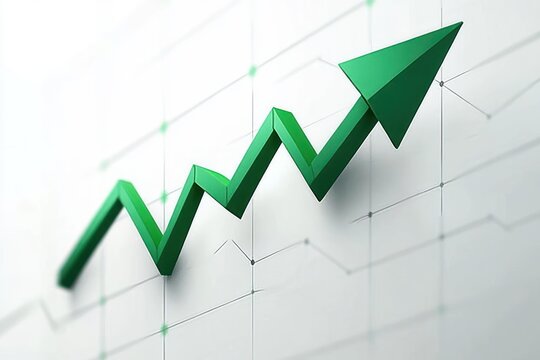 Green zigzag arrow pointing upward on a white grid background symbolizing growth and progress