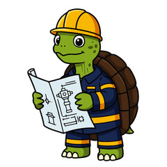 Cartoon Turtle Engineer Studying Construction Blueprints.