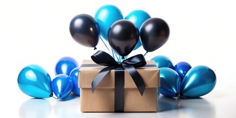 A luxuriously wrapped gift, adorned with a stylish black ribbon, sits majestically beneath a cluster of vibrant blue and dark balloons, creating a celebratory scene.