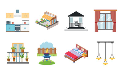 Home Interior and Furniture Icons Set &ndash; Living Room, Bedroom, Kitchen, Bathroom, Balcony, Garden, Fireplace, Chandelier, Sofa, Mailbox, Dining Table, Home Decor, Garage, Playground, Outdoor Patio, Win