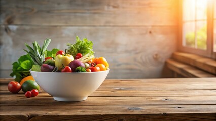 A Colorful Array of Fresh Produce in a White Bowl on a Rustic Wooden Table, Bathed in Warm Sunlight