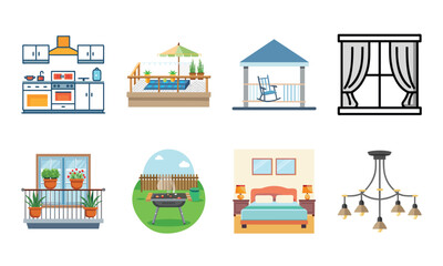 Home Interior and Furniture Icons Set – Living Room, Bedroom, Kitchen, Bathroom, Balcony, Garden, Fireplace, Chandelier, Sofa, Mailbox, Dining Table, Home Decor, Garage, Playground, Outdoor Patio, Win