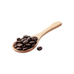 Obraz premium A wooden spoon filled with dark roasted coffee beans and one bean beside it isolated on transparent background